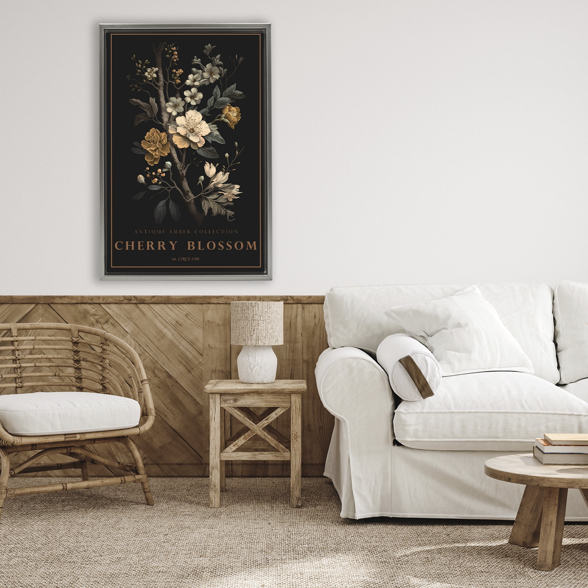 Stupell Industries Antique Cherry Blossom Light Gray Framed Floater Canvas Wall Art, design by Chris Giampietro