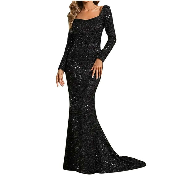 BLTIBY Women Sequin Evening Dress Hip Wrap V-Neck Ruched Waist Long Sleeve Glitter Cocktail Party Slim Fit Formal Gowns Black L