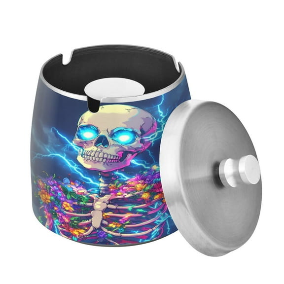 (9.3*9.3*9.7inch)Ashtray with Lid for Cigarette, Stainless Steel Smokeless Odorless Windproof Ashtrays, for Home Office Tabletop Outside Patio Outdoor Balcony Skeleton