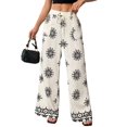 thumbnail image 3 of Women Lazy Style Printed Wide Leg Pants Elastic High Waist Side Pockets Loose Fit Casual Trousers Cream White S, 3 of 9