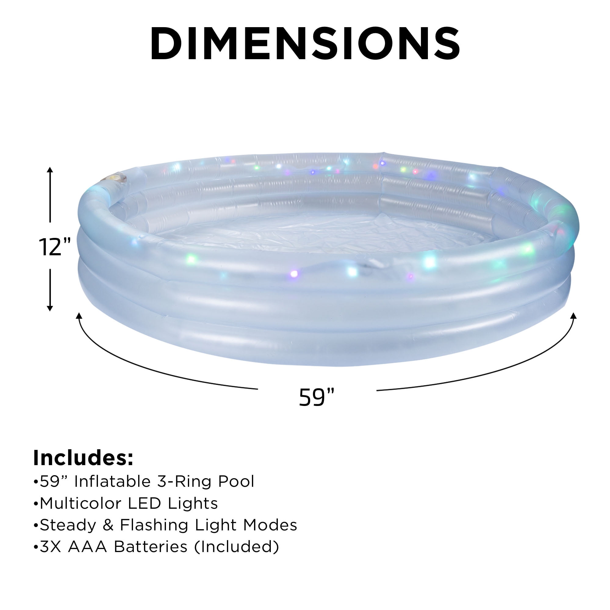 Merkury Innovations - HGlo Inflatable LED 3 Ring Pool, 59" Diameter, Multicolor LEDs with Flashing Modes, For Kids