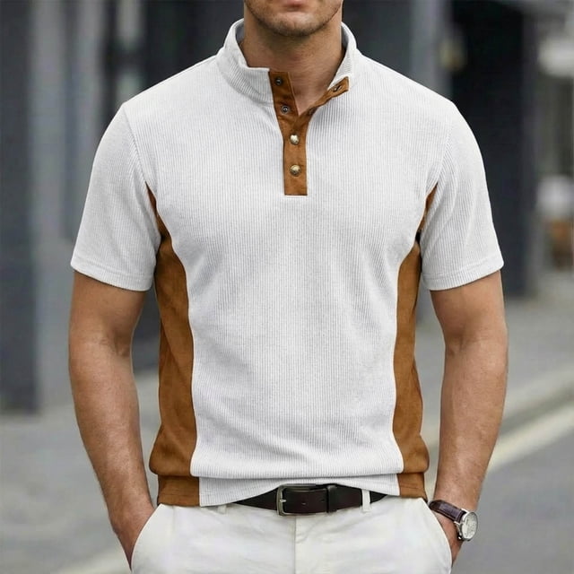 Ceisia Men's Loose Fit Ribbed Polo Shirt Short Sleeve Stand Collar Color Block Casual Daily Summer Tops White L Gifts