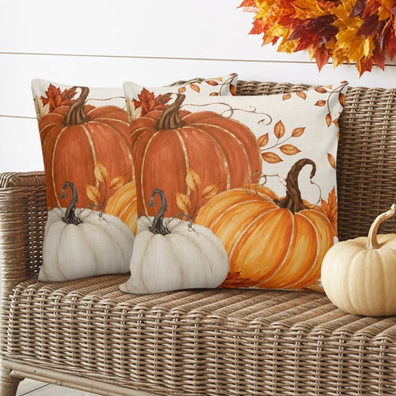 2 Pack Outdoor Waterproof Throw Pillow Covers,Fall Thanksgiving Pumpkin Orange Watercolor Decorative Square Pillow Case Patio Pillowcases for Chair Couch Sofa 16x16in