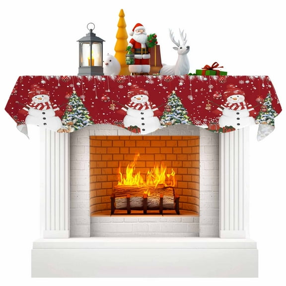 Red Christmas Fireplace Mantle Scarf, Snowman Xmas Balls Pine Needle Tree Mantel Cover Table Runner for Home Living Room Door Window, Indoor Outdoor Holiday Party Decor 17" x 60"