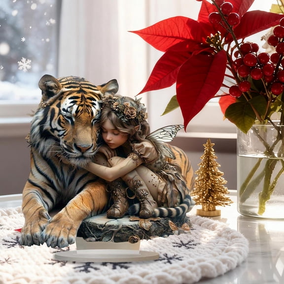Acrylic Standing Display Ornament, 2D Flat Wall Art Decor for Home Office Desktop, American Style Fantasy Art Gift, Dragon Lady Flower Fairy Tiger Elf Decorative Figurine for Living Room Study Decor