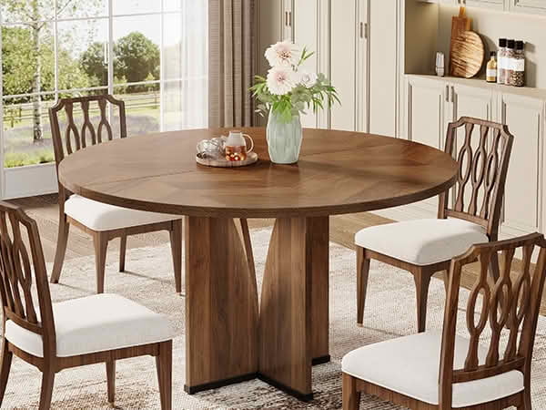 MAYEERTY 39 Inch Round Farmhouse Dining Table, Brown Wood Kitchen Dinner Table for 4 People for Small Spaces