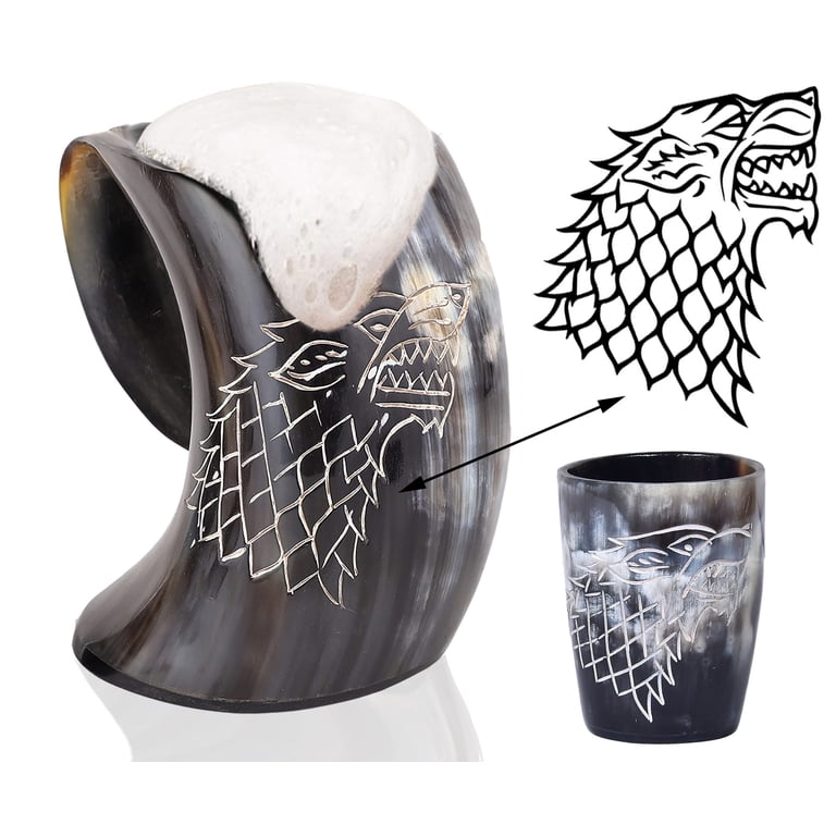 Norse Tradesman Genuine LG Viking Drinking Horn Mug - 100% Authentic Flame Treated Beer Horn Tankard With Engravings | The Jarl, Approx. 16 Oz