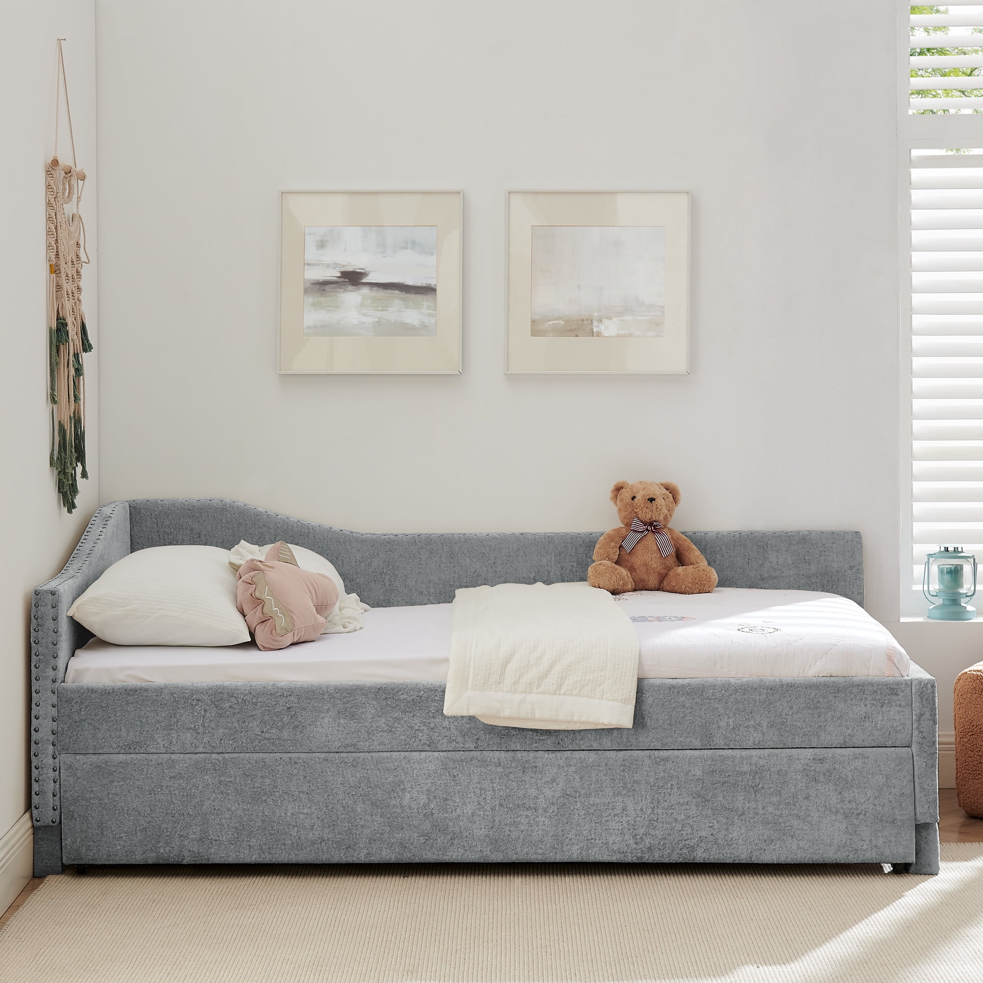 Twin Size Daybed,Chenille Upholstered Daybed with Pull-Out Trundle & Built-In USB Charging Port,2-in-1 Space Saving Sofa Bed for Guest Room,Small Space,Grey
