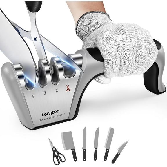 Four-in-one knife sharpening device (4 stages), equipped with a pair of cut-resistant gloves