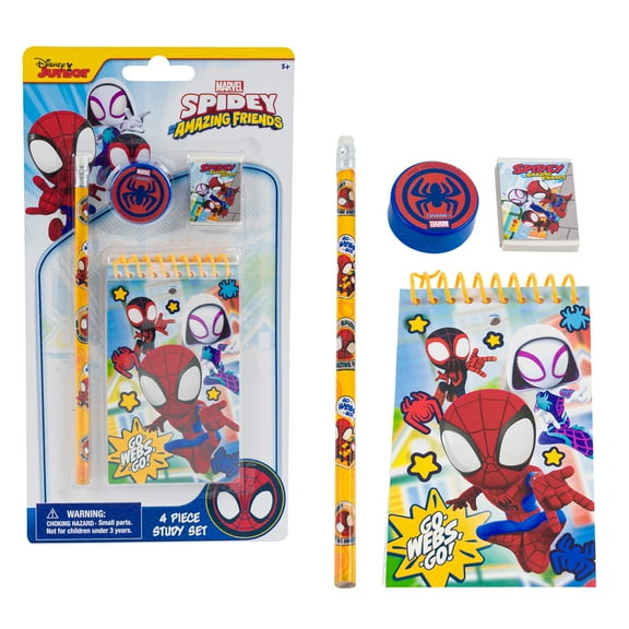 Spidey and Friends 4pc Study Kit- Eraser, Sharpener, 25 sheet memo pad, No.2 lead real wood