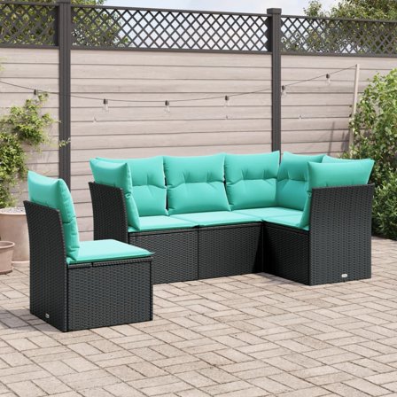 vidaXL 5 Piece Patio Sofa Set with Cushions Black Poly Rattan