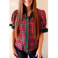 thumbnail image 2 of ZhiHiMeRi Women's Red Plaid Shirt, Festive V Neck Short Sleeve Blouse XL, 2 of 12