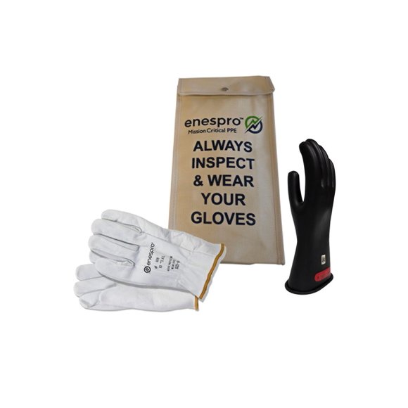 National Safety Apparel Class 0 Black Rubber Voltage Insulating Glove Kit with Leather Protectors, Max. Use Voltage 1,000V AC/ 1,500V DC (KITGC008)