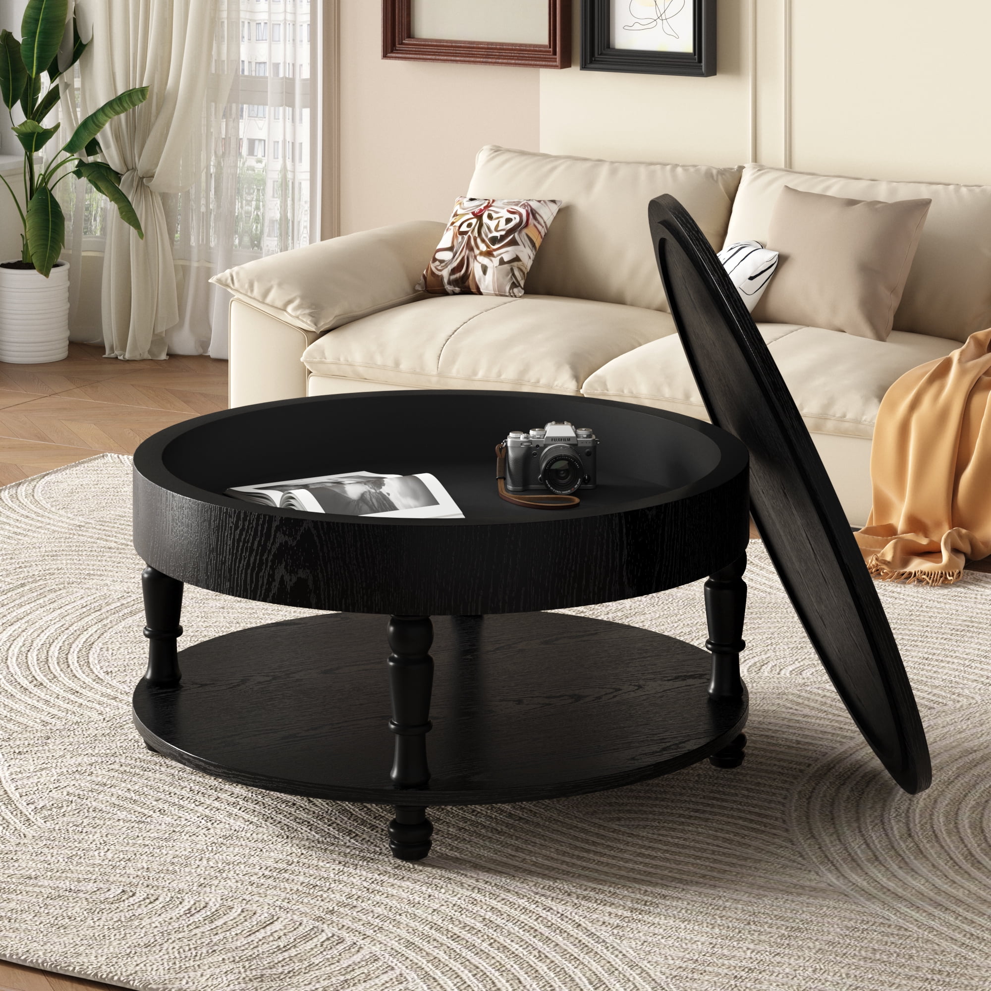 31.5" Round Coffee Table with Hidden Storage, Modern Wood Coffee Table with Flip-Top Compartment & Open Shelf, Dual-Tier Center Table for Living Room,Black