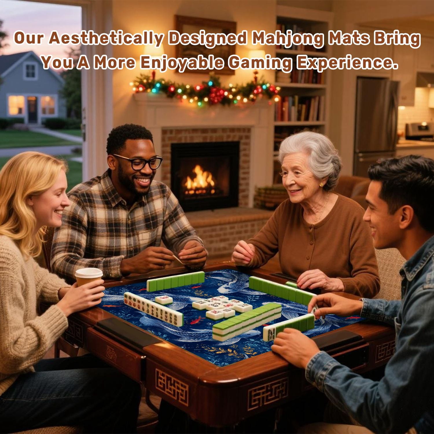 Mahjong Mat 31.5" x 31.5" Fish Flowing Lines Deep Blue Non-Slip Noise Reduction American Mahjong Tiles Table Cover for Dominoes Poker Card Board Games Gift