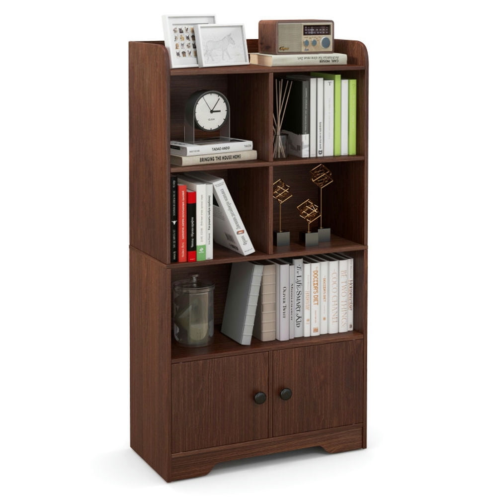 Demi Bonn 4 Tiers Wood Storage Bookcase with 4 Cubes Display Shelf and 2 Doors, Brown