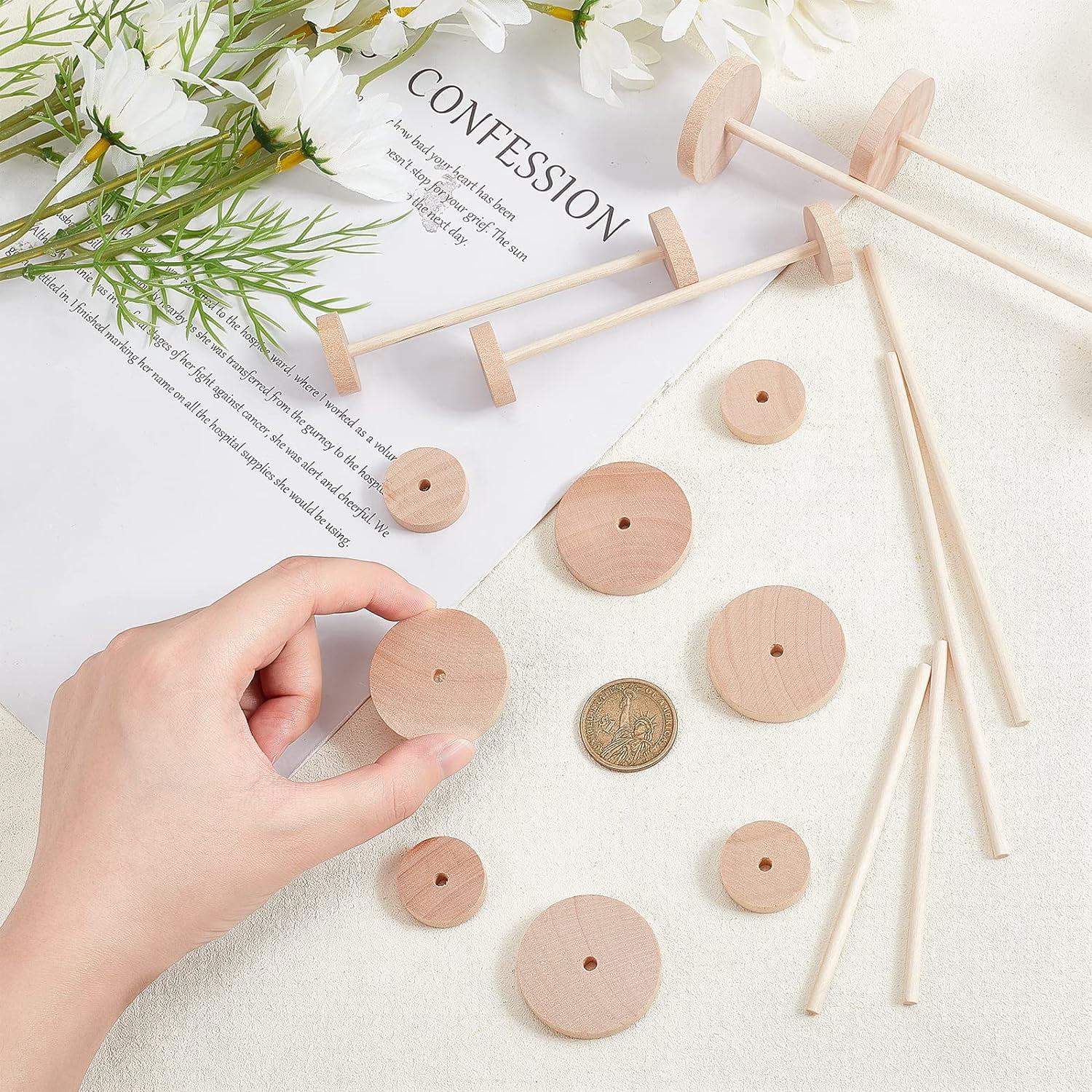 108pcs Unfinshed Wood Wheels with Wooden Sticks for DIY Crafts Painting