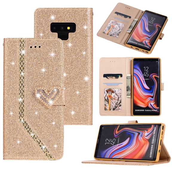 Galaxy Note 9 Case Glitter, Allytech Premium PU Leather Heart Magnetic Diamond Embossed Full Body Protective Shockproof Bumper Silicone Back Cover Case for Samsung Galaxy Note 9, Gold