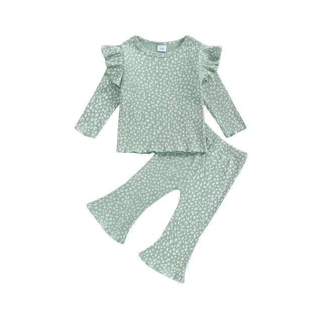 Gupgi 2Pcs Baby Girl Fall Outfits Ruffle Infant Long Sleeve Sport Print Tops + Flare Pants Set Toddler Clothes