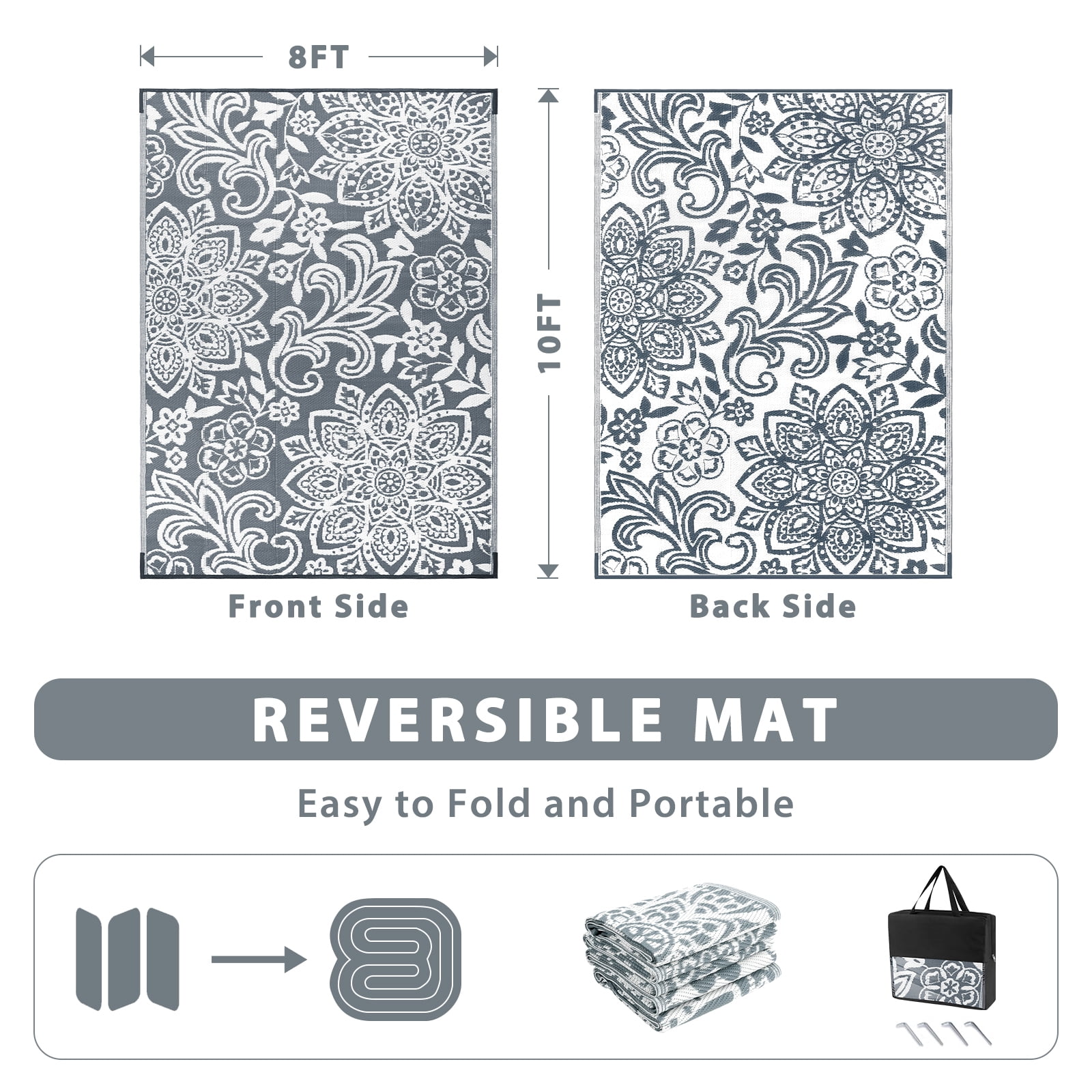 MJIAexp 9'x12' Gray Outdoor Rug Patio Rug Waterproof RV Outdoor Rug Camping Rugs Reversible Plastic Straw Rug Large Outdoor Mat for Camping, Balcony Apartment, Patio, Porch, Picnic, Beach