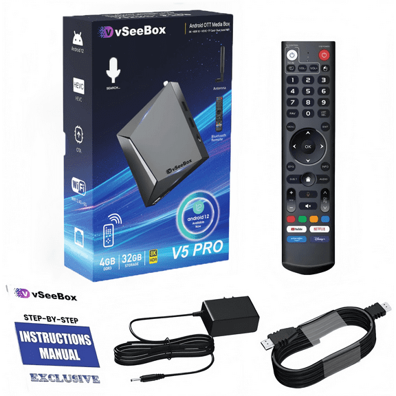 2025 New vSeeBox V5 Pro Android TV Box - 4GB 32GB 6K@60fps HD Decoding, Wi-Fi 6 & Voice Remote