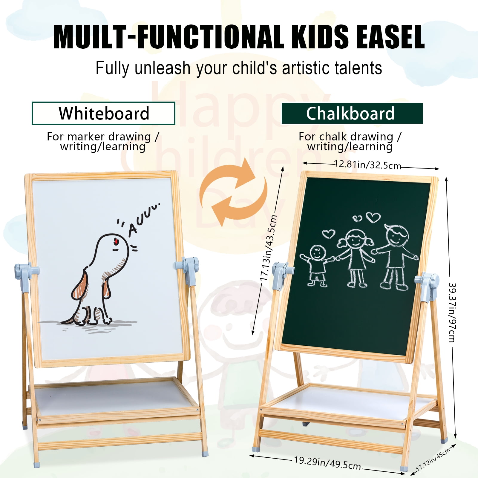 Jacgood Art Easel for Kids, Adjustable Double Side Art Drawing Standing Dry Erase & Chalkboard for Boy & Girls , Adjustable Height, Wooden Gift & Art Supplies
