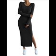 thumbnail image 3 of Vestidos Largos de Otoño para Mujer, de Larga, Informales, de Punto Acanalado, Ajustados, Elegantes, con Cuello Redondo y Abertura Lateral Negro XS, 3 of 10