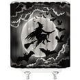 thumbnail image 3 of Spooky Halloween Shower Curtain Gothic Black Gray Halloween Witch Broom Horror Bat Ghost Full Moon Happy Halloween Night View Bathroom Decor Fabric Curtain with Hooks, 3 of 3