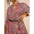thumbnail image 3 of Coral Orange Paisley Print V-Neck Long Sleeve Maxi Dress With Belted Waist And Relaxed Fit For Women, 3 of 7