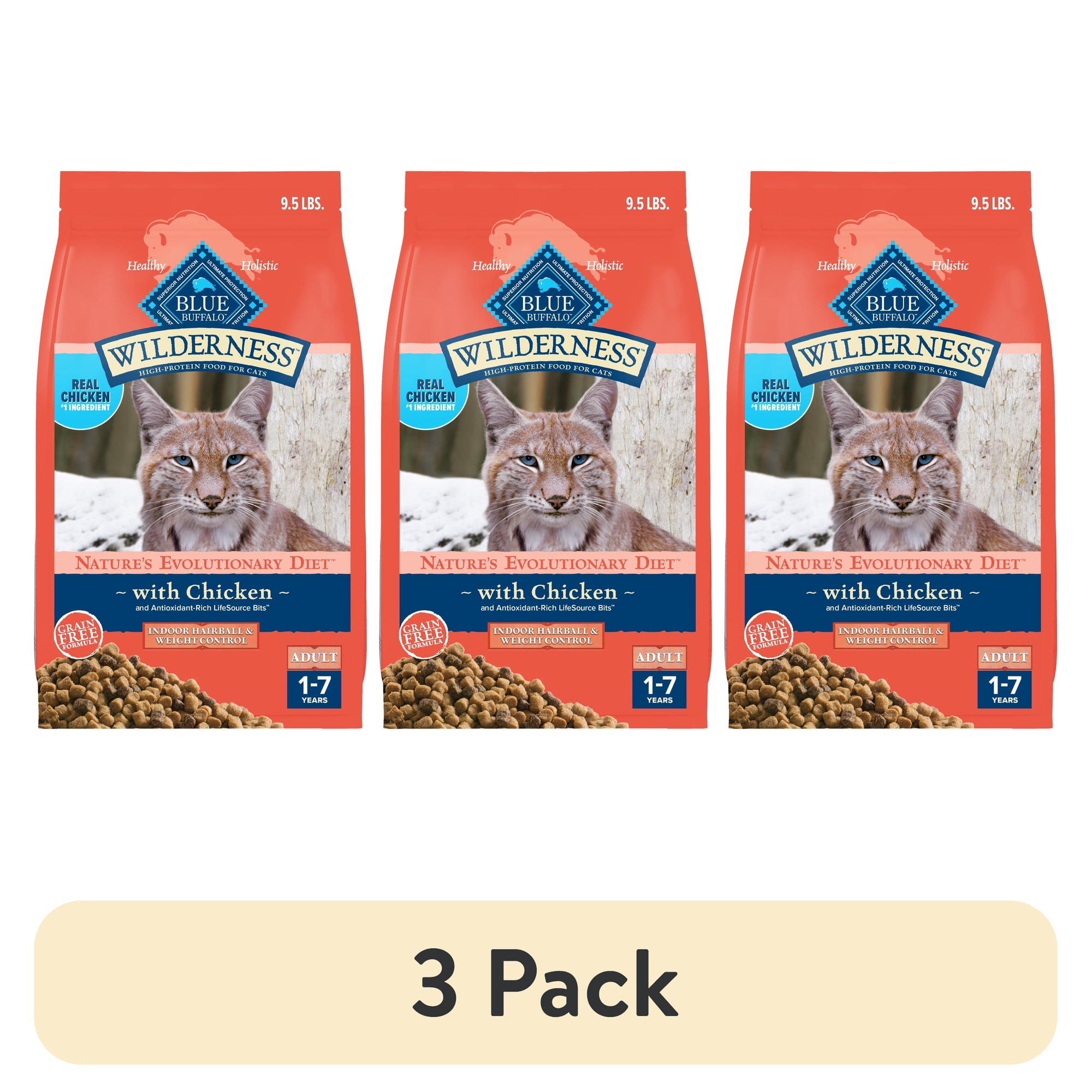 (3 pack) Blue Buffalo Wilderness Dry Cat Food, Weight and Hairball Control, Chicken, 9.5-lb. Bag