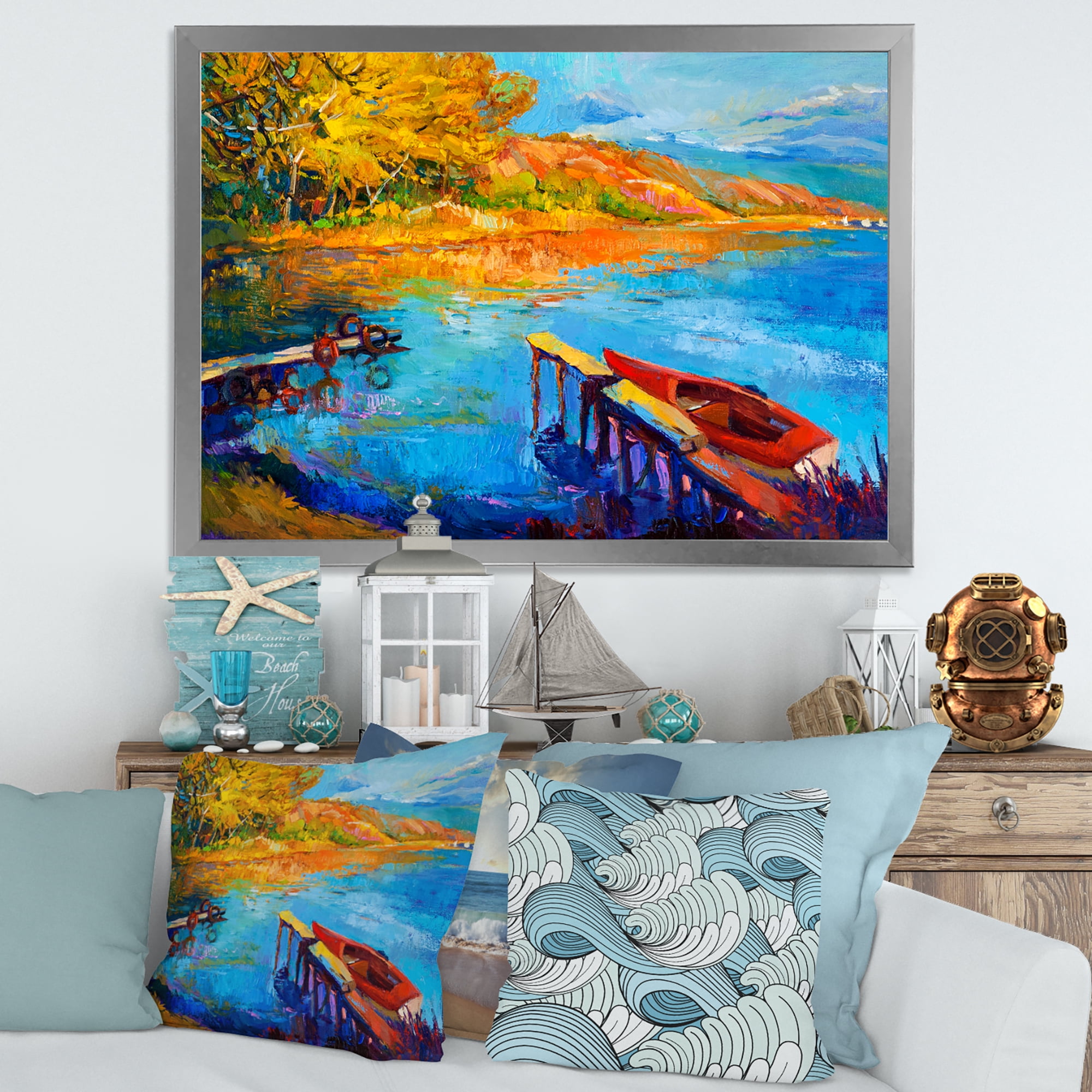 Designart 'The Lake At Sunset Evening Glow II' Lake House Framed Art Print
