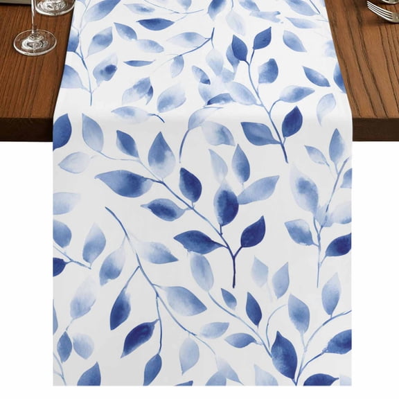 Table Runners 48 Inches Long Dress Scarves, Navy Blue Eucalyptus Farmhouse Kitchen Table Runner, Short Coffee Tablerunners, Spring Summer Botanical Leaves 13x48 Inch