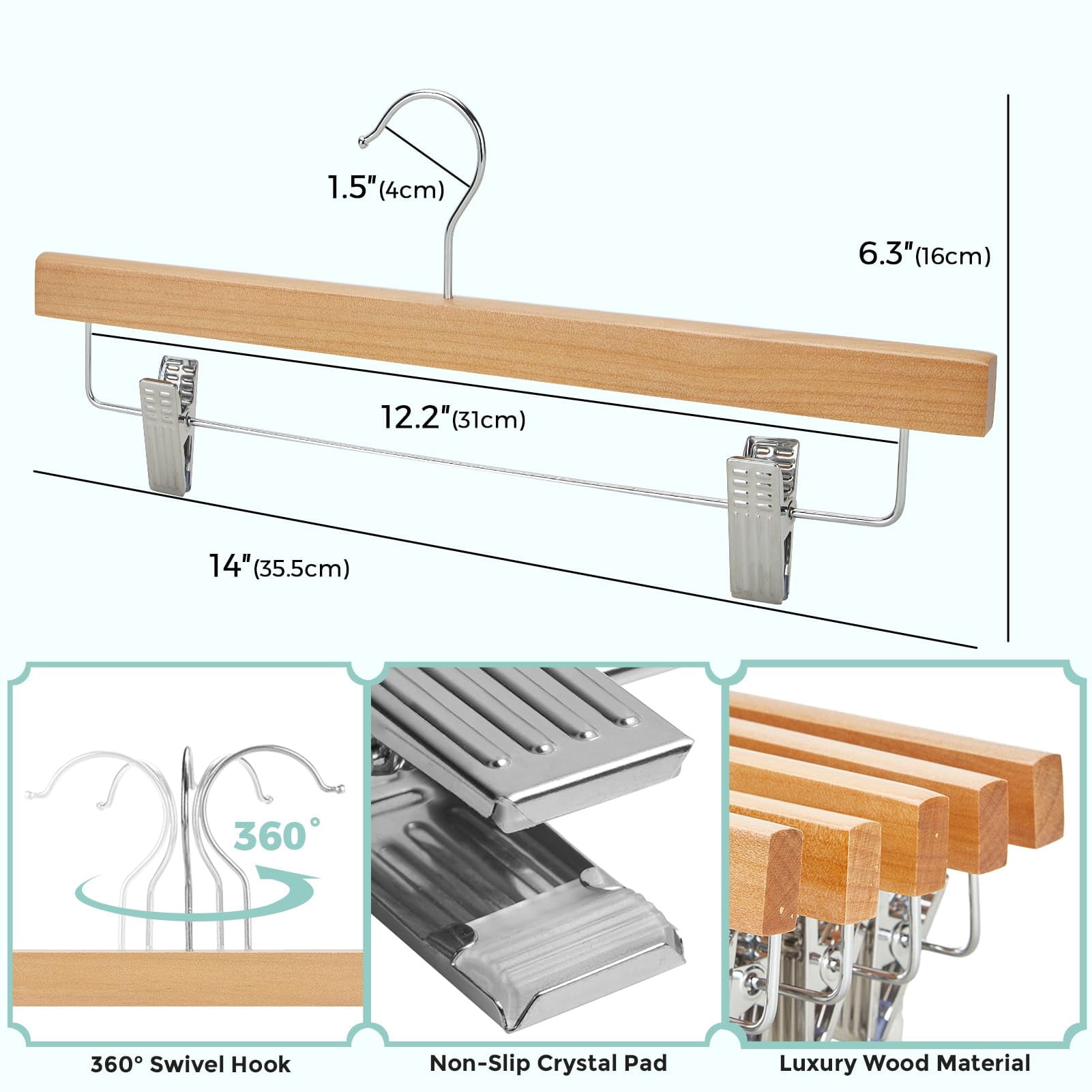 Cozymood 15 Pack Wooden Pants Hangers, Solid Wood Bottom Jeans Skirt Hanger with 2-Adjustable Clips Anti Rust Hook