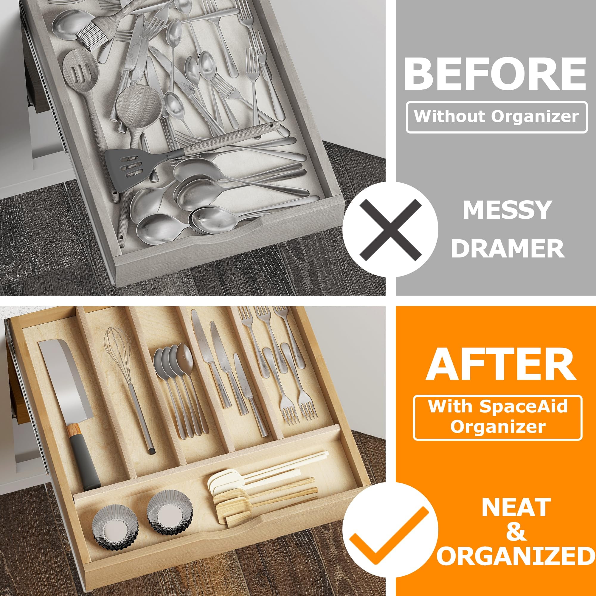 6 Slot 20"x19" Silverware/Flatware Drawer Organizer Tray with Divider, Utensil Drawer Organizer, Cutlery Tray Organizer, Tool Drawer/Junk Drawer Organizer (Natural Wood)