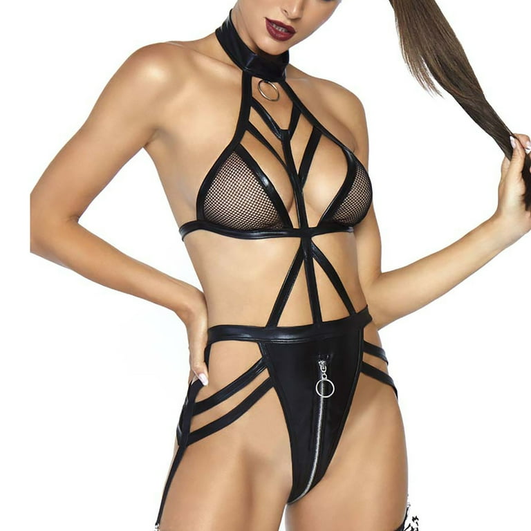 Black Faux Leather Cut Out Strappy Back Garter Thong Bodysuit Lingerie - Hot  Miami Styles