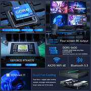 Kinupute Mini PC Gaming, Desktop Computer i7-13700F 16 Cores Upto 5.2GHz, 32G DDR5, 1T M.2 PCIE4.0 SSD, Windows 11 Pro, GeForce RTX4070 12G, Four Display, 8K@60Hz Outputs, Dual LAN, WiFi6E/BT5.3