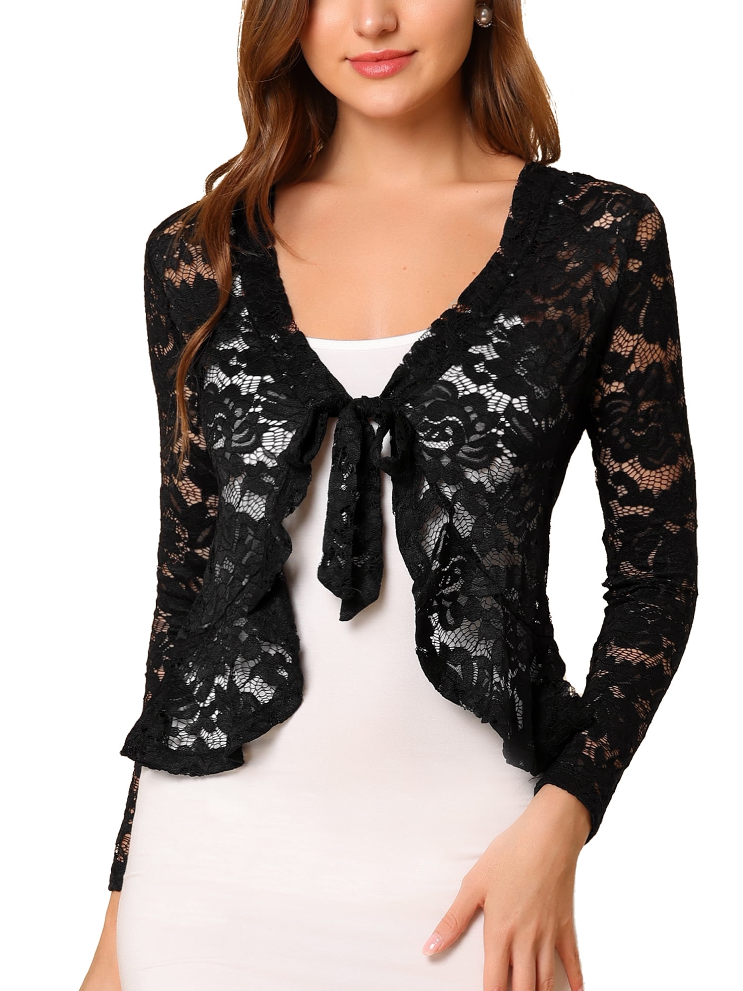 DARING DIVA Women's Ruffled Hem Floral Lace Crop Shrug Cardigan XL Black