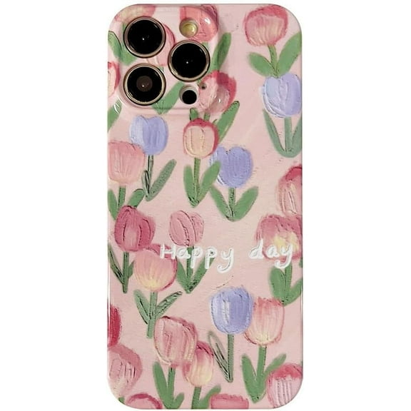 Kawaii Cute Oil Paiting Tulip Flowers Soft Phone Case Compatible with iPhone Case (Pink,iPhone 11 Pro Max)