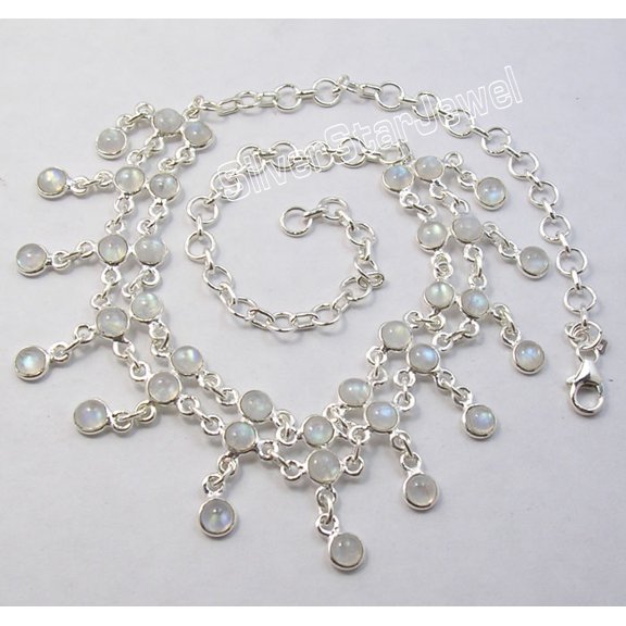 SilverStarJewel 925 Solid Silver Rainbow Moonstone Women's Handmade Choker Necklace 16.5"