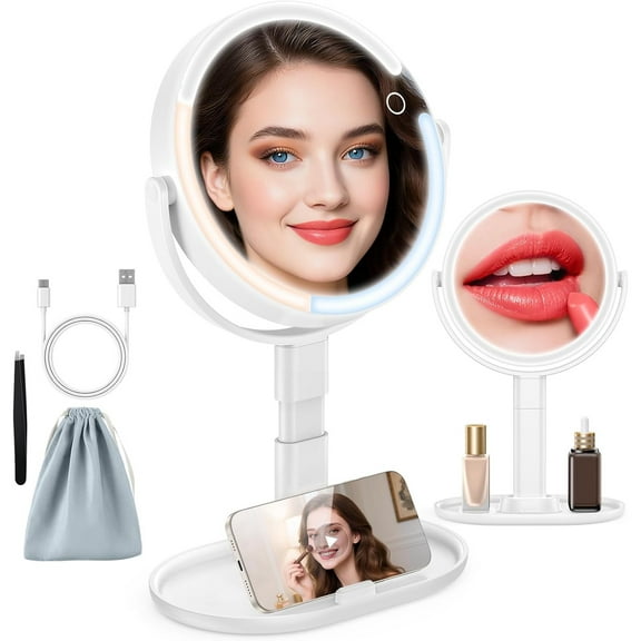 15X/1X Lighted Magnifying Mirror, 4000mAh Rechargeable Makeup Mirror with 3 Level LED Light, 360° Rotation 2 Sided Vanity Desk Mirror, Dimmable Adjustable Height Table Makeup Mirror Phone Stand