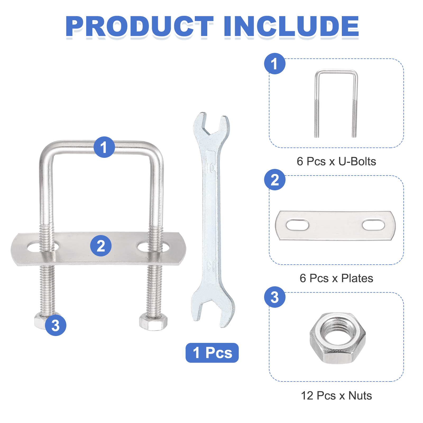 Uxcell 6 Sets M6 Square U-Bolts, 1.42" Inner Width 2.76" Length 304 Stainless Steel U Clamp Bolts with Nuts, Plates and Wrench
