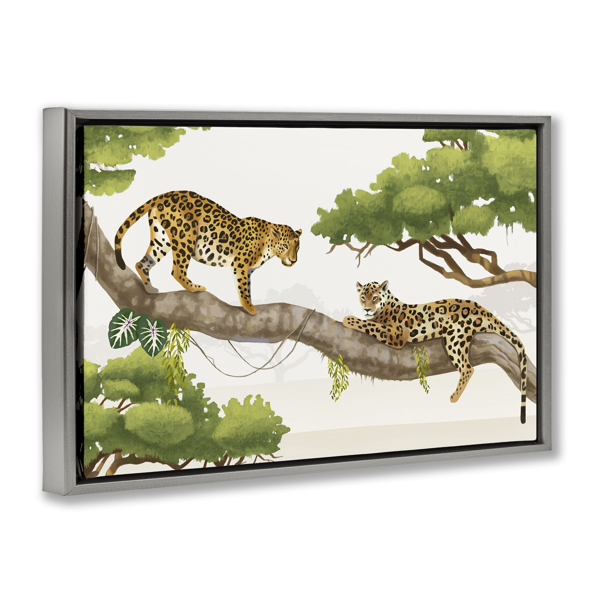 Stupell Industries Leopards Prowling on Branch Animals & Insects Painting Gray Floater Framed Canvas Art Print Wall Art, 25 x 17