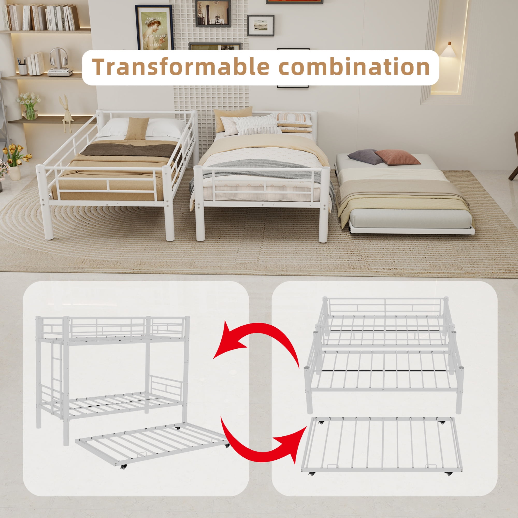 Twin over Twin Size Bunk Bed with Trundle, Heavy Duty Metal Bunk Bedframe with Ladder and Guardrails, Detachable Bunk Beds for Boys Girls