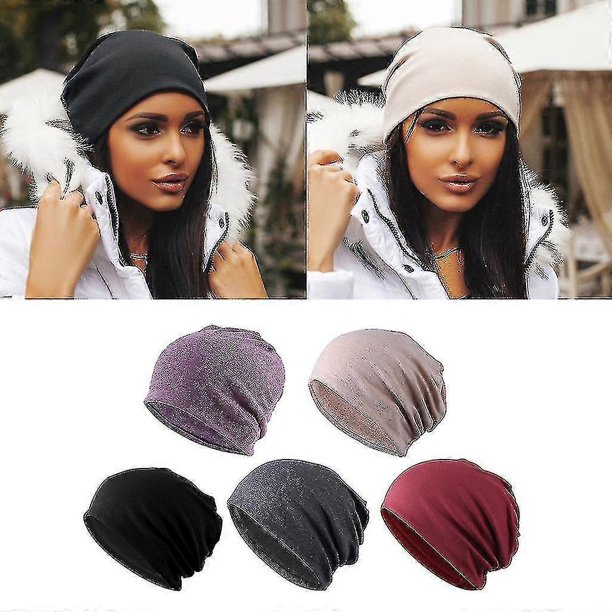 5 Piece Slouchy Baggy Beanie Chemo Hat Cap Khaki + Black + Gray + Wine Red + Purple