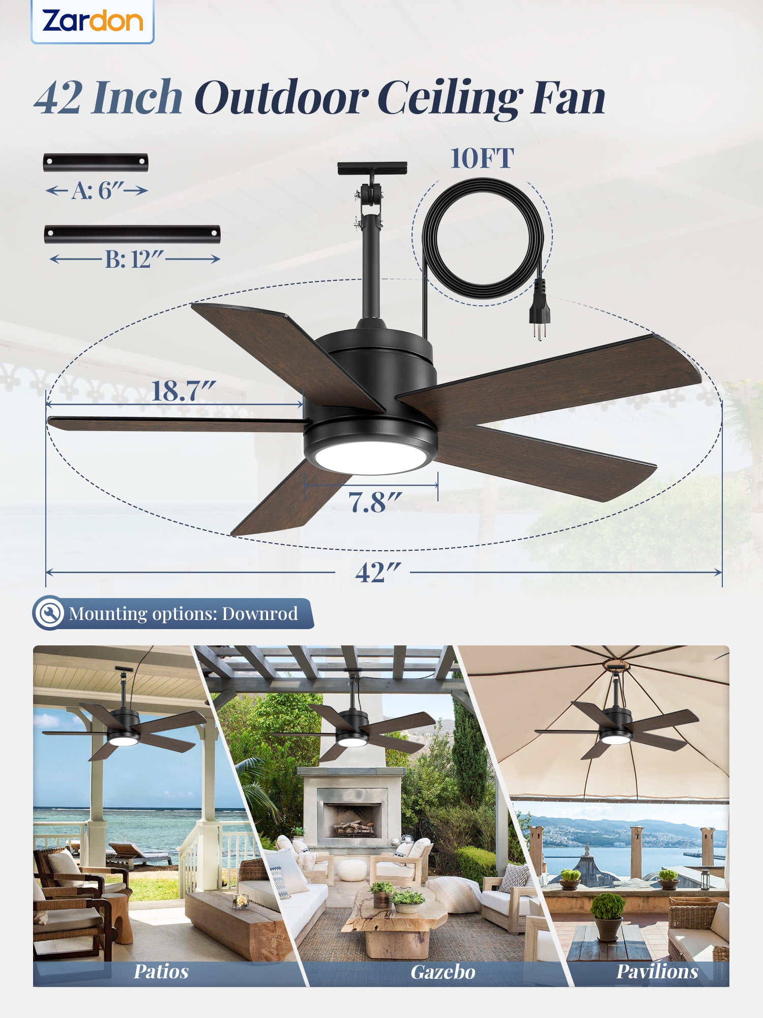 Zardon 42" Outdoor Ceiling Fan with Light & Remote, Waterproof Plug-in Ceiling fan with 6 Speeds, DC Motor, Downrod Mount for Patio, Gazebo, Pergola, Porch- Black