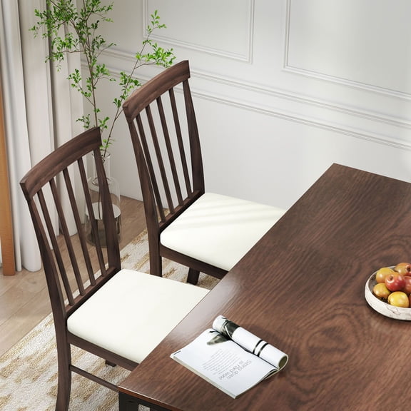 Set of 2 Farmhouse Dining Chairs, Upholstered Rubberwood Kitchen Chairs with Linen-Feel Fabric, Dark Brown and Beige Armless Side Chairs for Dining Room, Cafe, and Living Room
