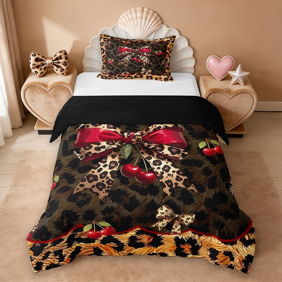 Erosebridal Leopard Print Bowknot Twin Bedding For Kids,Cute Cherries Cute Bows Girls Duvet Cover Set,Reversible Black,2pcs(No Comforter)