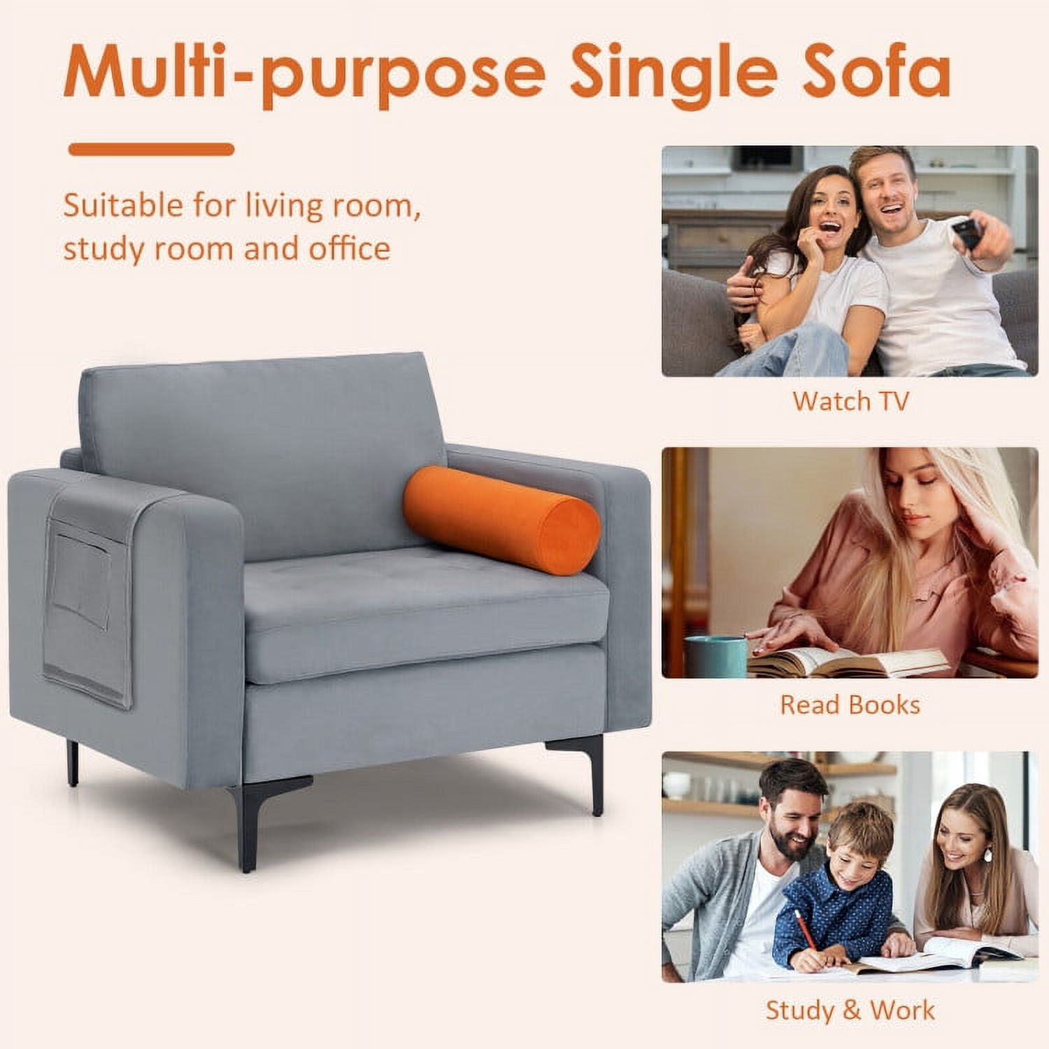 Finihen Upholstered Accent Sofa Chair, Modern Single Sofa with Cushion Bolster and Side Storage Pocket, for Living Room, Bedroom, Light Gray