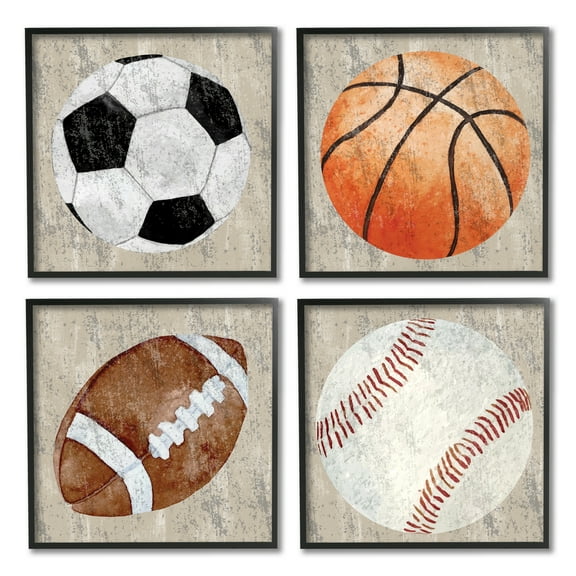 Stupell Industries Various Rustic Sports Balls Art for Kids Painting Black Framed Art Print Wall Art, 12 x 12, Set of 4