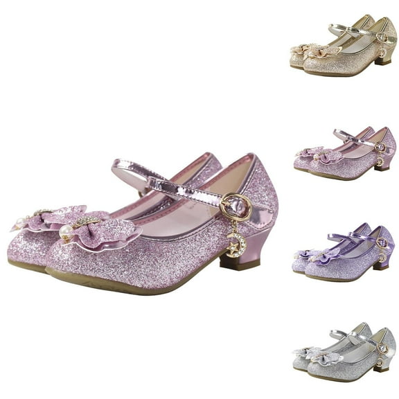 Hinvhai Girl's Dress Shoes Mary Jane Glitter Low Heel Wedding Party Princess Shoes for Toddler/Little/Big Kids Silver 14 Years